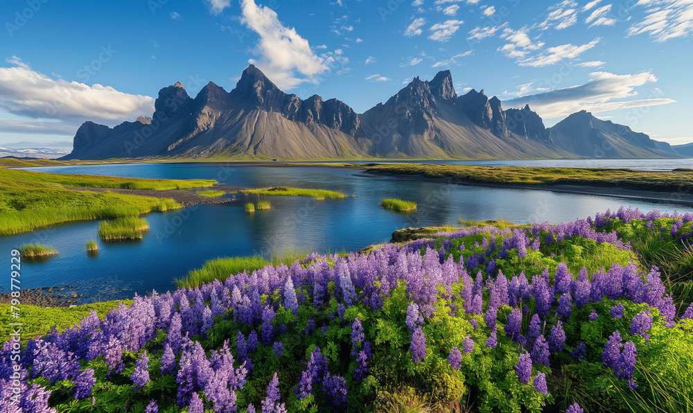 Obraz premium A picturesque landscape of Iceland's Stokksnes, showcasing the majestic Vestfjall mountain range in the background