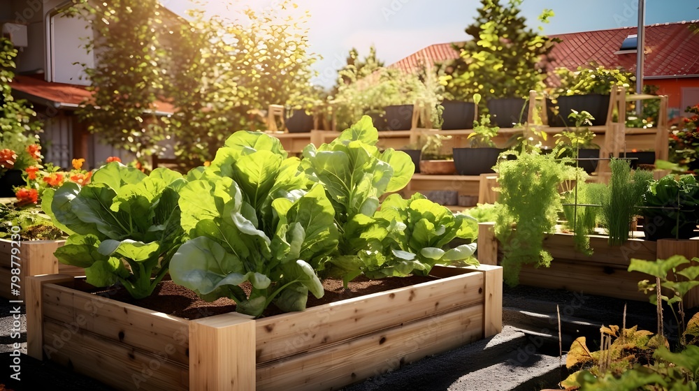Fresh vegetables are planted next to the wooden house on the farm