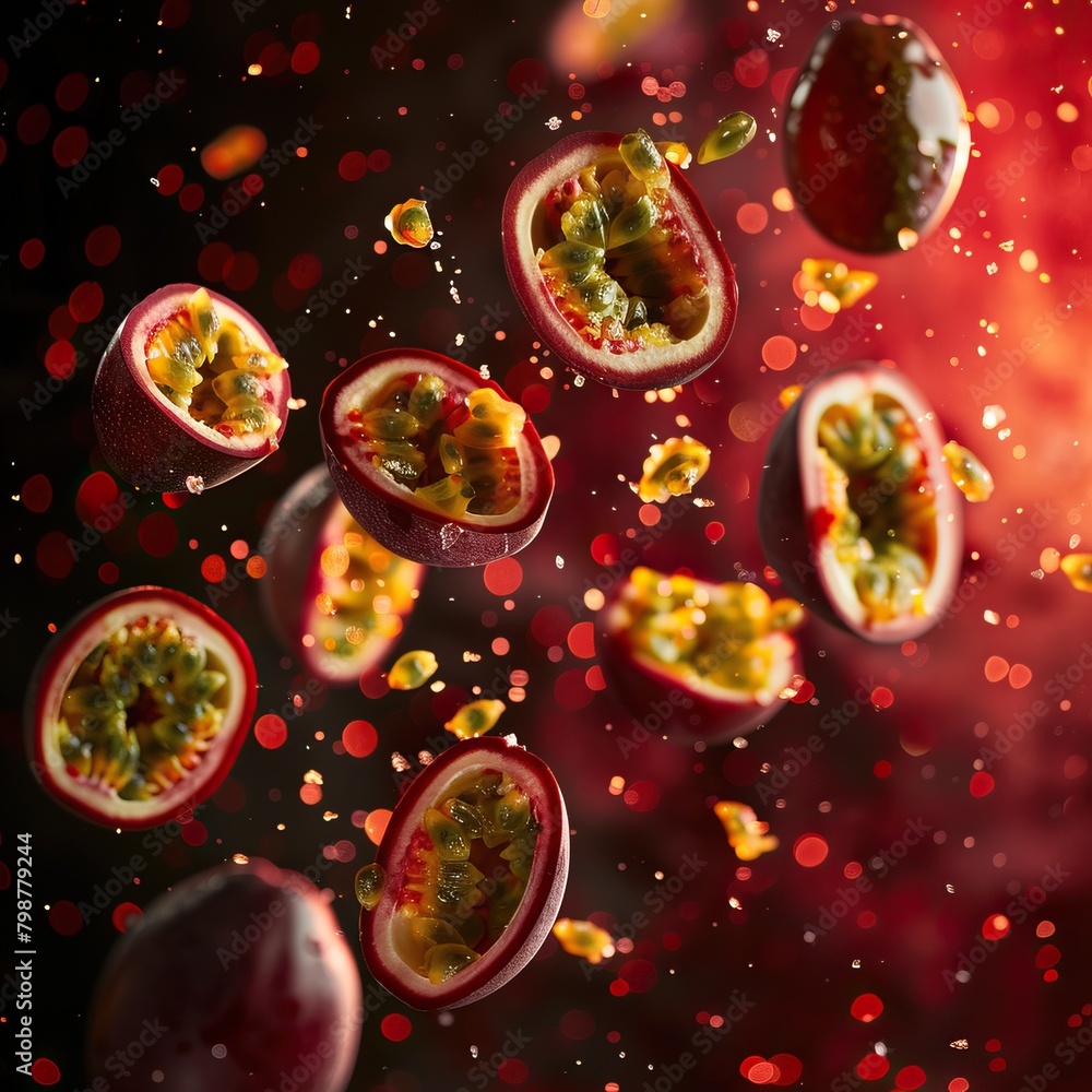 Passion fruit explosion. Isolated on red background. Passion fruit explosion. Isolated on red background.