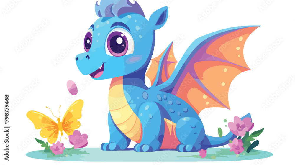 Cute fairytale dragon with butterfly on nose. Fairy