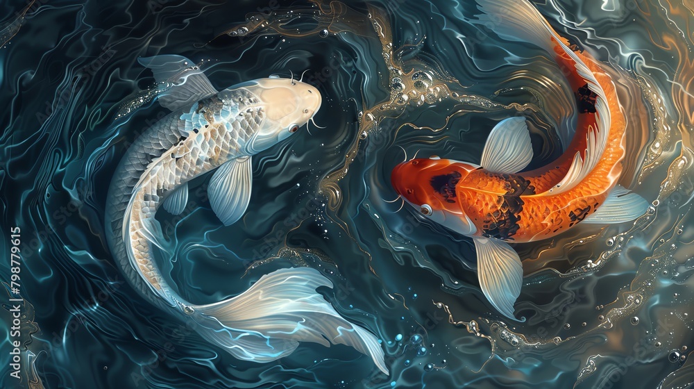 Surreal digital art of koi fish, their movements creating ripples that ...