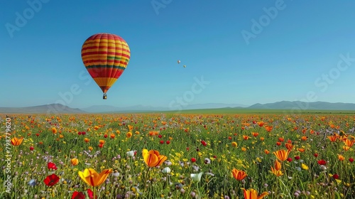 a multicolored hot air balloon above a field of flowers