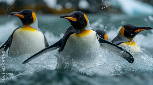 Black and white flightless birds, penguins, huddle on the icy shores of Antarctica