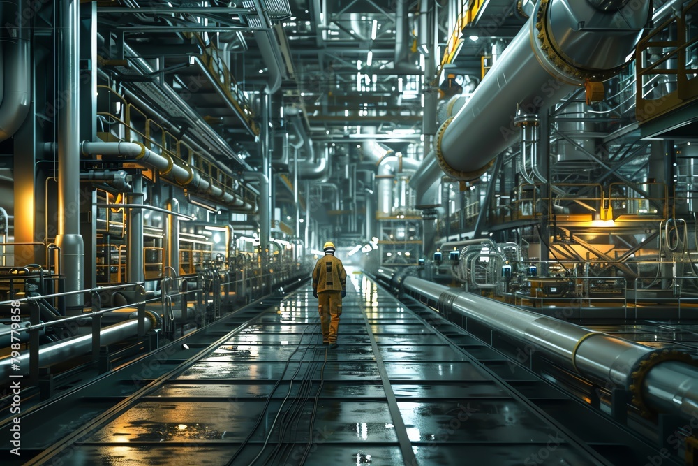 Utilize CG 3D rendering to craft a visually stunning scene depicting a Chemist in a state-of-the-art Chemical Industry facility Showcase the precision of pump systems and the labyrinthine layout of pi