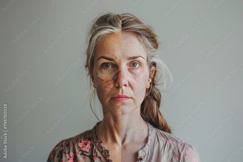 Treatment life effectiveness in skin care breakthrough showcases beauty in aging face with visual wrinkle portrayal. Treatment life effectiveness in skin care breakthrough showcases beauty in aging face with visual wrinkle portrayal.