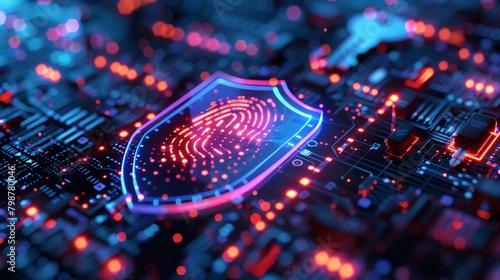 Visual metaphor of a shield and key seamlessly integrated into a digital fingerprint scanner, highlighting biometric cybersecurity measures