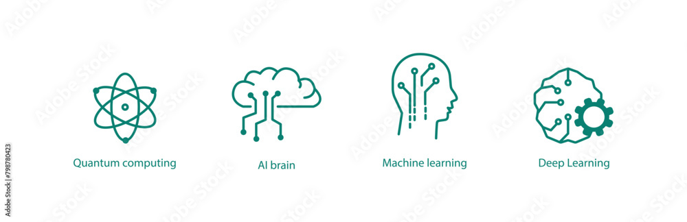 Obraz premium Advanced Tech Vector Icons: Quantum Computing, AI Brain, Machine Learning, Deep Learning