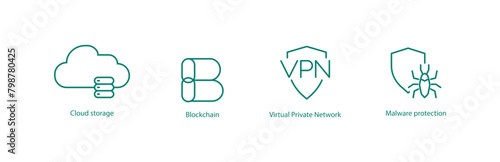 Digital Security Vector Icons: Cloud Storage, Blockchain, VPN, Malware Protection