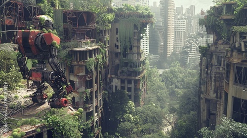 The image shows a post-apocalyptic city with overgrown vegetation and a large robotic dinosaur-like creature standing on a rooftop.

 photo