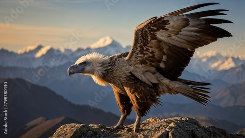 a majestic Himalayan Vulture perched atop a rugged, snow-covered peak in the high Himalayas. © JonathanOsborne