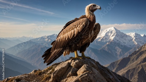 a majestic Himalayan Vulture perched atop a rugged  snow-covered peak in the high Himalayas.