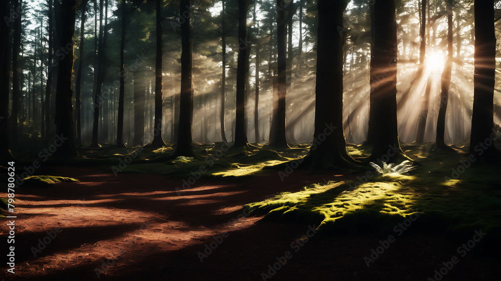 Obraz premium A peaceful woodland scene, with sunlight filtering through the trees and casting dappled shadows on the forest floor