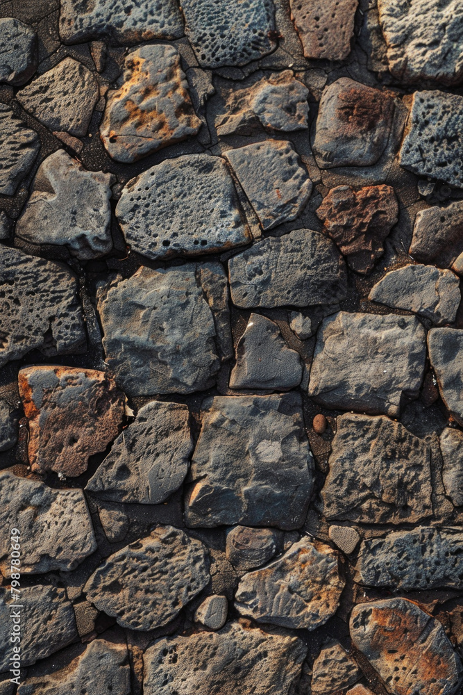 Textured surface of cobbled stones, showcasing their irregular shapes and worn surfaces. Cobbled stone textures offer a classic and timeless backdrop