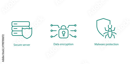 Security Tech Vector Icons: Secure Server, Data Encryption, Malware Protection