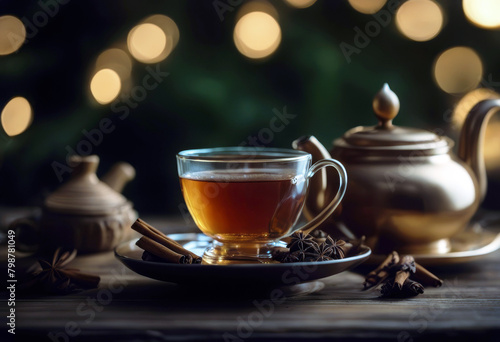  cardamom cup cinnamon tea teapot traditional black glass drink spicy Indian beverage chai and nutmeg pedestal Masala podium ginger spices cloves poduim dais india 