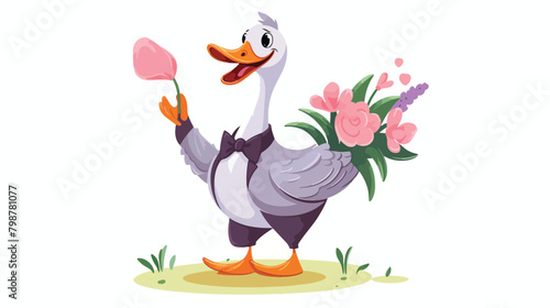 Cute funny goose going holding spring flowers. Roma