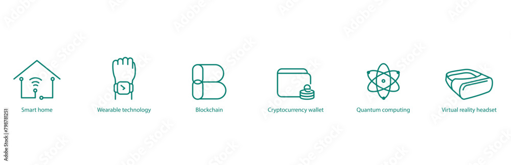 Tech Evolution Vector Icons: Smart House, Wearable Technology, Blockchain, Cryptocurrency Wallet, Quantum Computing, VR Headset Tech Evolution Vector Icons: Smart House, Wearable Technology, Blockchain, Cryptocurrency Wallet, Quantum Computing, VR Headset