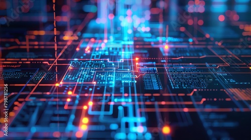 A wireframe simulation of a new software application being coded, with data flows and user interfaces emerging