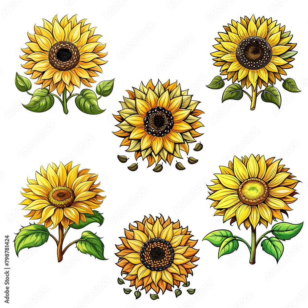 Set of sunflower flower with seeds, botanical floral design element Set of sunflower flower with seeds, botanical floral design element