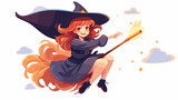 Cute girl in witch hat flying on broomstick. Happy