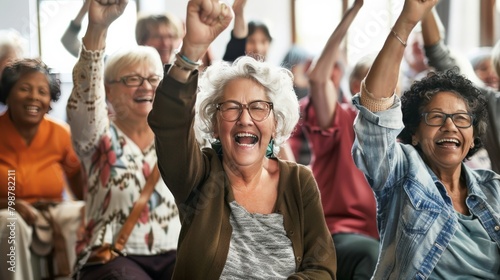 Elderly group of friends cheering from the front row at a fashion show