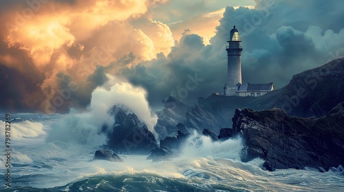 A lighthouse on a rocky coast is being pounded by large waves during a storm. The sky is dark and cloudy, and the waves are crashing against the rocks.

 photo