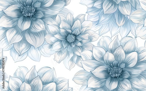 Symmetrical pattern of electric blue and white flowers on a white background