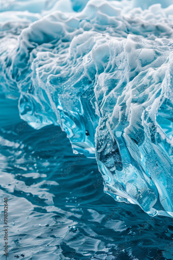 Textured surface of an iceberg, showcasing its rugged edges and icy formations. Iceberg textures offer a crisp and invigorating backdrop
