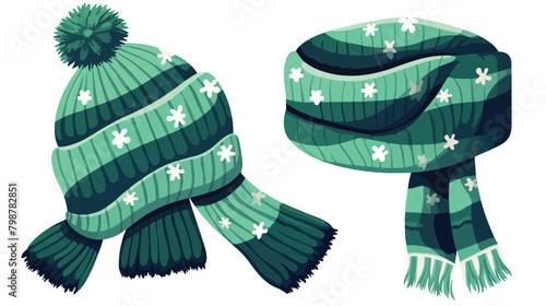 Cute green childish bobble hat and scarf vector fla