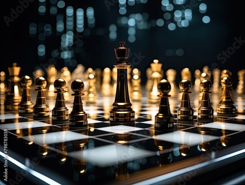 A golden chess set is sitting on a mirrored chess board