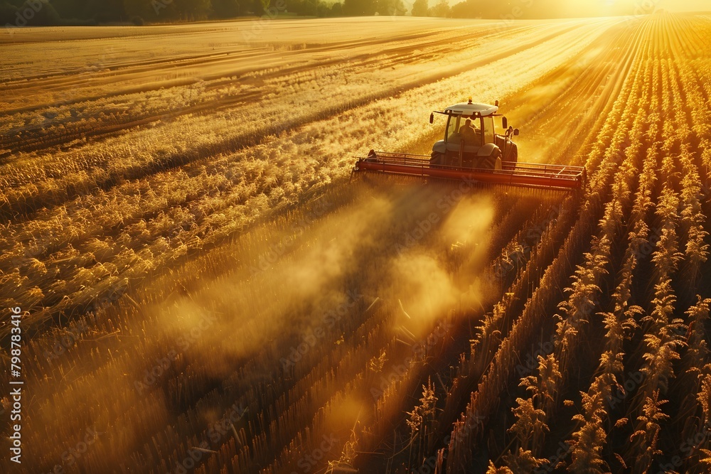 Fototapeta premium A tractor at work during harvest, enveloped in a cloud of dust as the sun sets, casting a golden hue over the wheat field