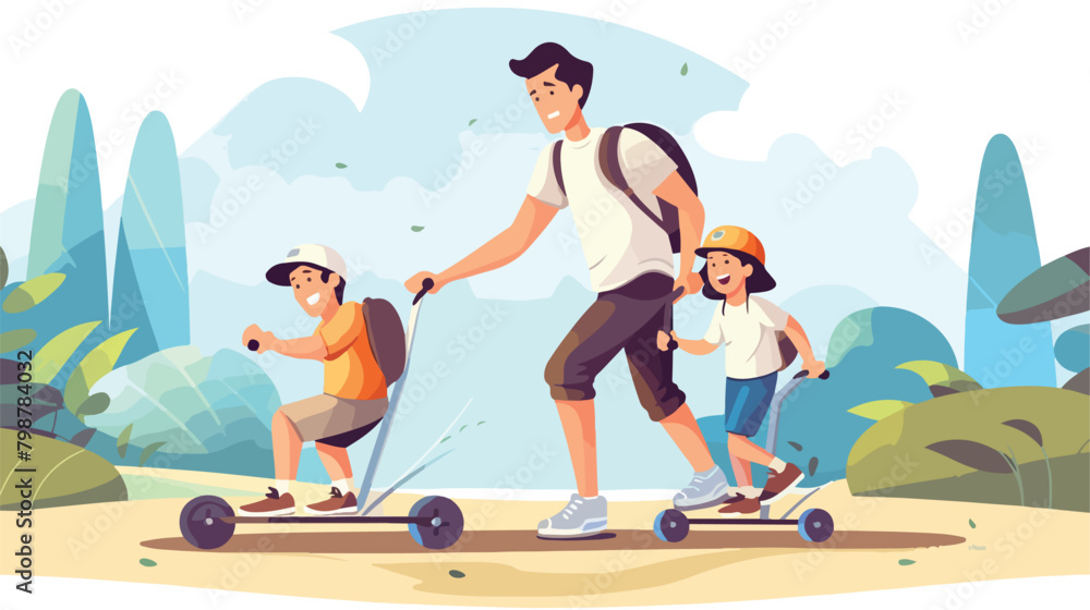 Cute happy family riding bike skateboard and roller