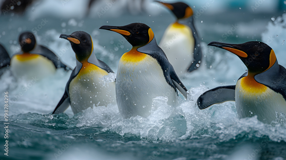 Fototapeta premium Black and white flightless birds, penguins, huddle on the icy shores of Antarctica
