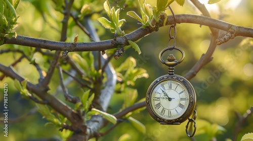a tree branch with a pocket watch hanging