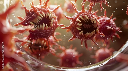 A close-up of a microscopic virus with a monstrous feature