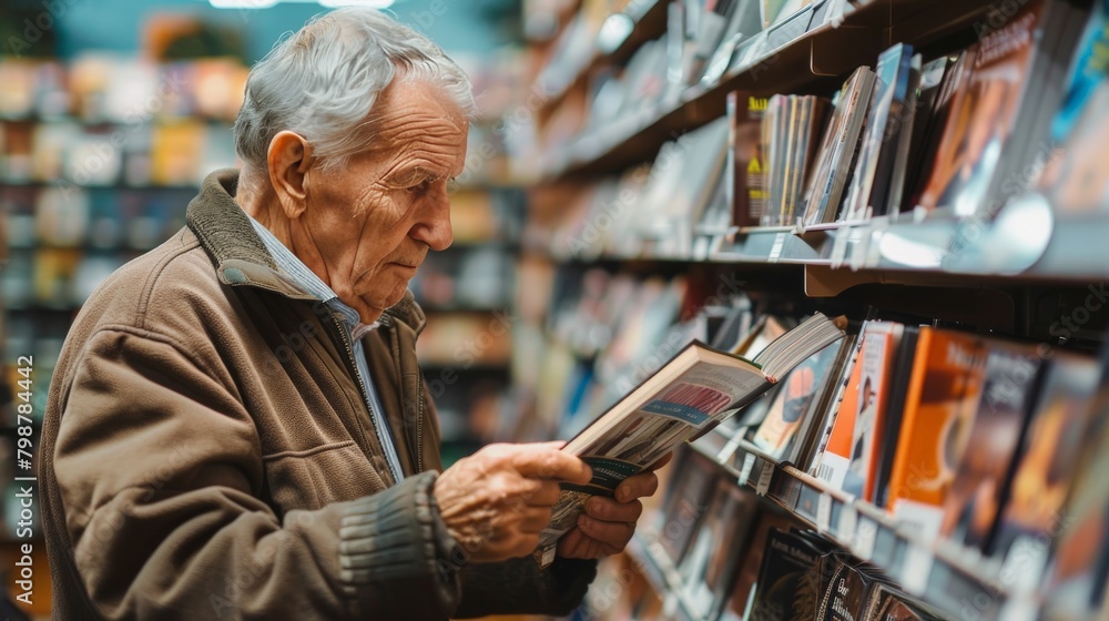 Elderly man browsing through science magazines in a bookstore Elderly man browsing through science magazines in a bookstore