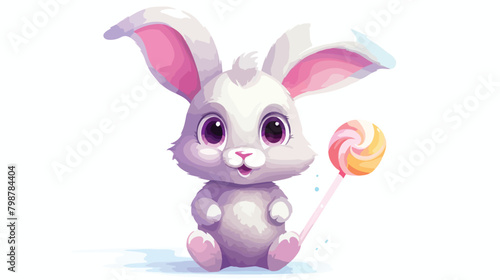 Cute happy rabbit with lollipop. Smiling bunny with