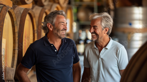 In a Winery, a retired Italian man and a young italian adult share a lighthearted moment