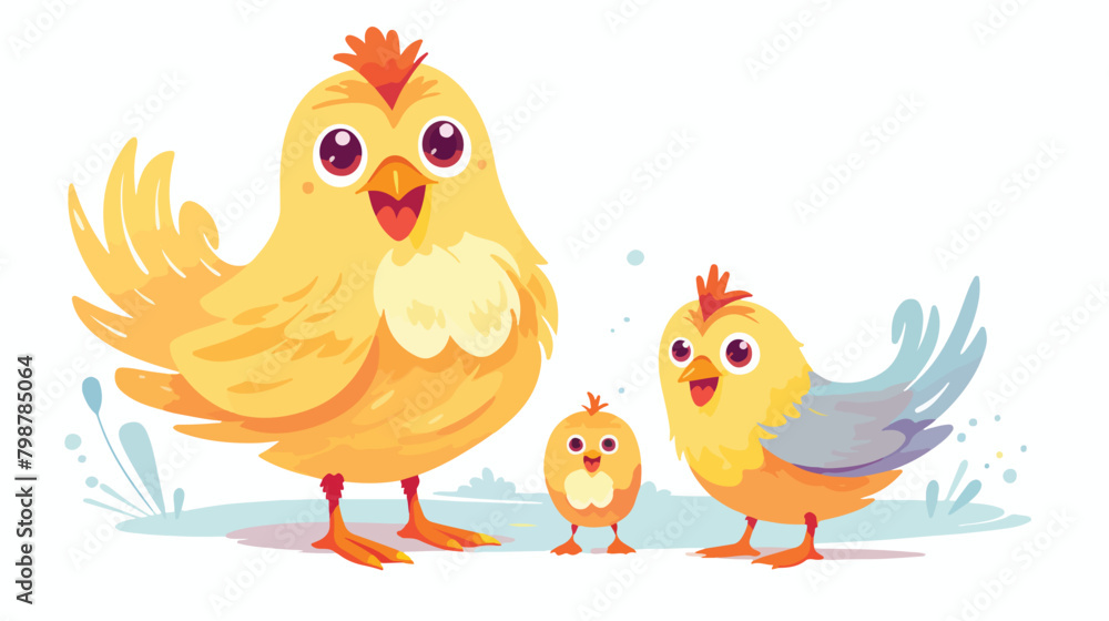Cute hen standing with yellow chicken. Funny mom an