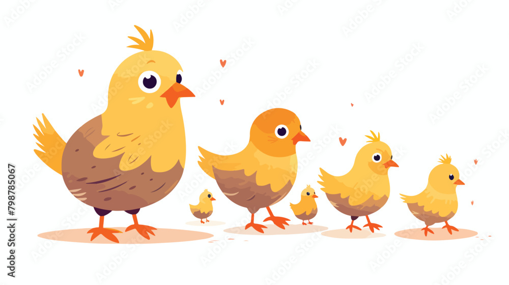 Cute hen walking with yellow chicken. Funny mom and