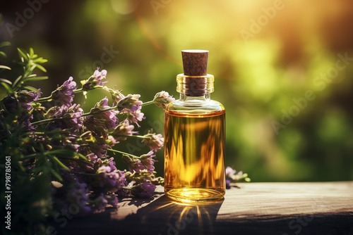 A bottle of aromatherapy essential oil on natural background