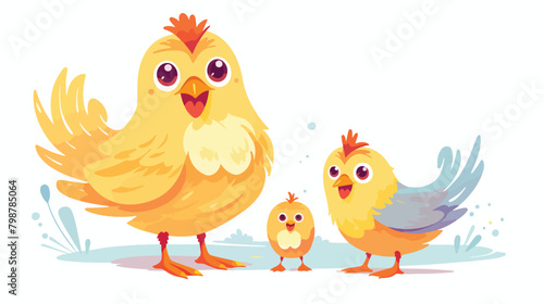 Cute hen standing with yellow chicken. Funny mom an © Hyper