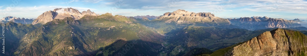 morning panoramic view mount Marmolada and mount Sella