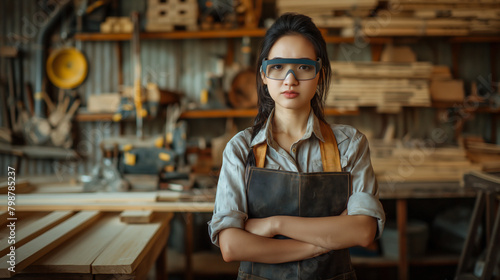 smart Asian female carpenter standing in her woodshop,her face look stressful in specialize photo