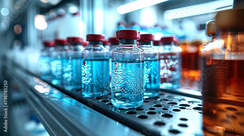 A row of bottles with blue liquid inside. Bottles are lined up on a shelf. Cold chain concept for maintenance