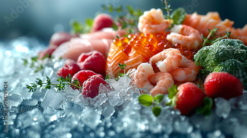 A plate of food with shrimp, broccoli and blackberries on top of ice. Cold chain concept photo