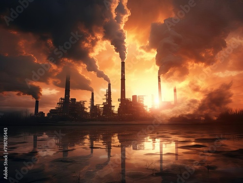 Industrial skyline featuring tall chimneys at a factory, plumes of steam billowing against a dramatic sunset, highlighting industrial activity