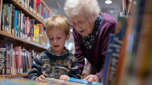 Elderly librarian helping a young student find books for a school project