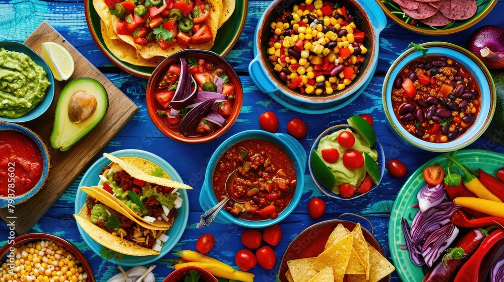 A vibrant Mexican spread adorned the table with a mouth watering array of traditional dishes From hearty chili con carne to crispy tacos zesty tomato salsa and corn chips topped with creamy A vibrant Mexican spread adorned the table with a mouth watering array of traditional dishes From hearty chili con carne to crispy tacos zesty tomato salsa and corn chips topped with creamy