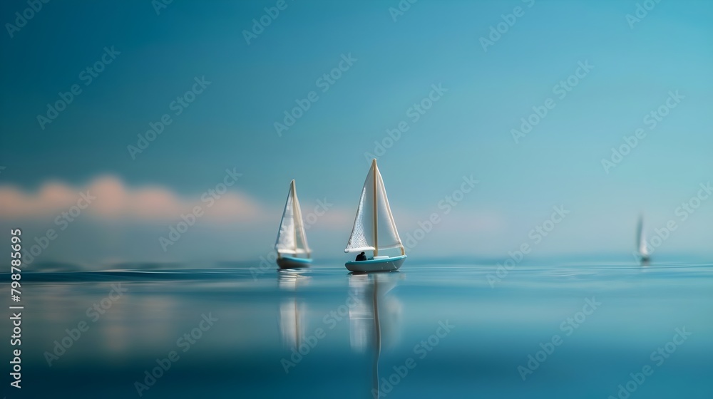 Obraz premium Tiny Sailboats Sailing on a Calm Blue Ocean Background, Serene Nautical Design for Peaceful Themes, Hand Edited Generative AI